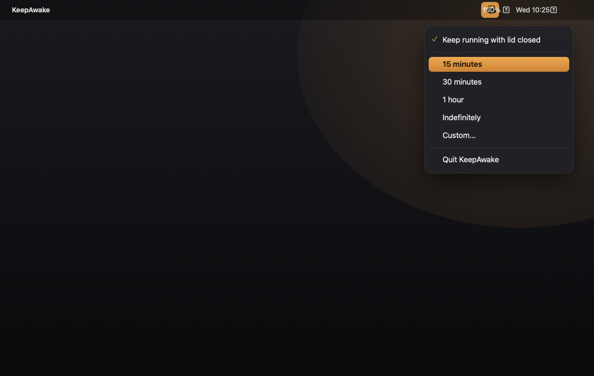 KeepAwake menu-bar dropdown on macOS showing duration options (15 minutes, 30 minutes, 1 hour, Indefinitely, Custom) with the 'Keep running with lid closed' checkbox checked